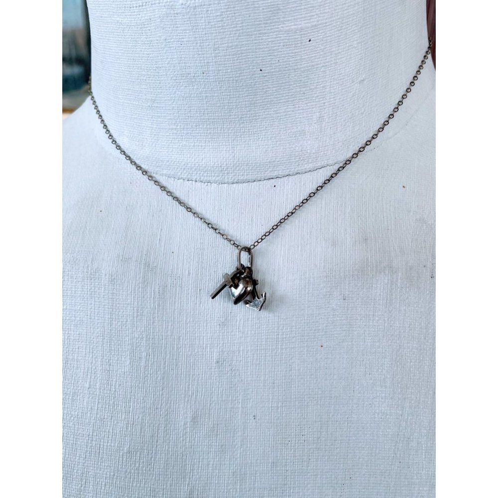 Antique Sterling Charm Necklace Puffy heart, Cross, Anchor - Picture 7 of 11